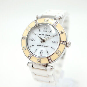 Anne Klein Watch Women 32mm Silver Tone White MOP Ceramic Band New Battery 5.75"